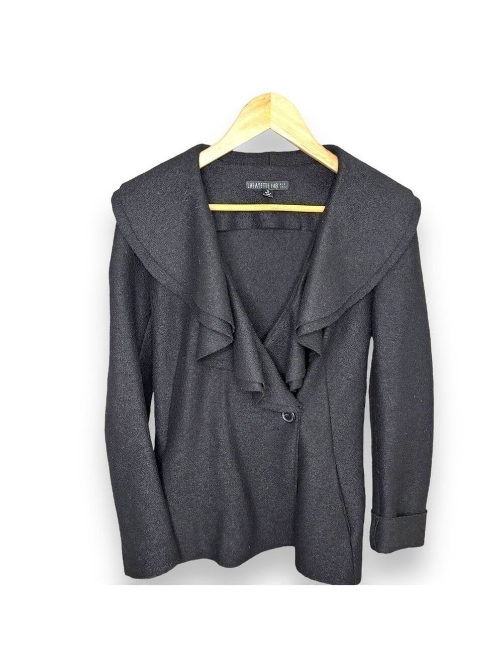Lafayette 148 Black 100% Wool Ruffle Wrap Jacket Pocket Blazer - Size 10